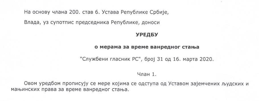 Извод из Уредбе о мерама за време ванредног стања
