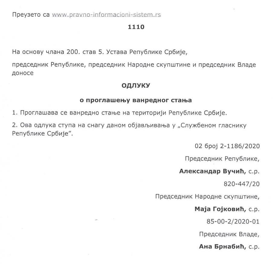 Одлука о проглашењу ванредног стања у Републици Србији, од 15. марта 2020. године