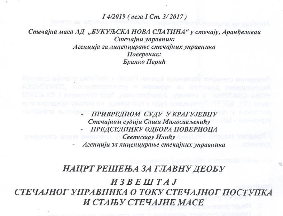 Заглавље Нацрта за главну деобу стечајне масе „Букуљске нове слатине“