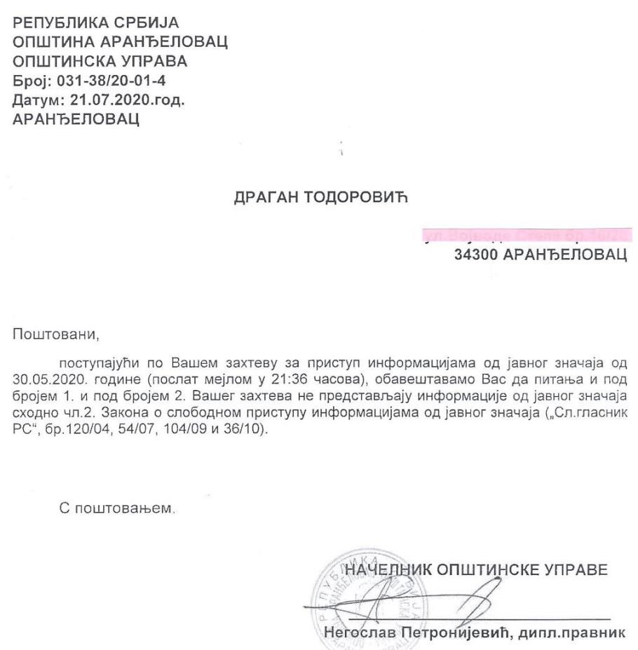 Обавештење Општинске управе општине Аранђеловац, број: 031-38/20-01-4, од 21. јула 2020. године