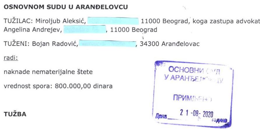 Заглавље тужбе од 21. августа 2020. године