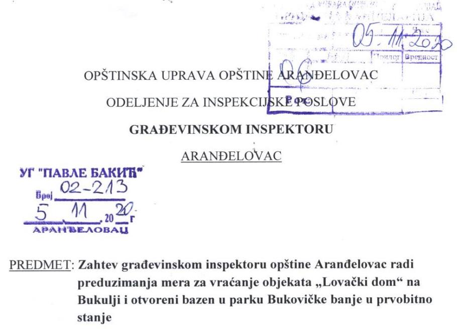 Овај захтев Удружење „Павле Бакић“ јуче поднело грађевинском инспектору општине Аранђеловац