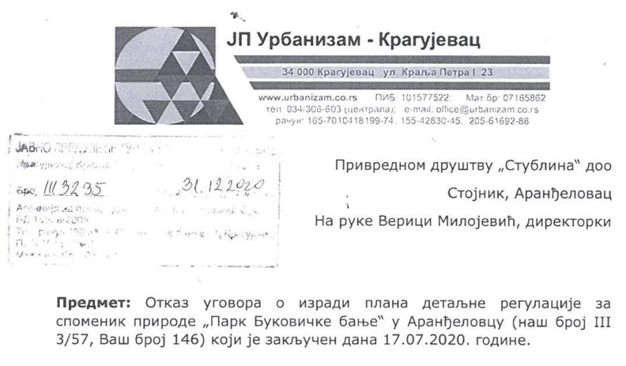 Заглавље одлуке ЈП „Урбанизам“ Крагујевац, број: III 3235 од 31. децембра 2020. године