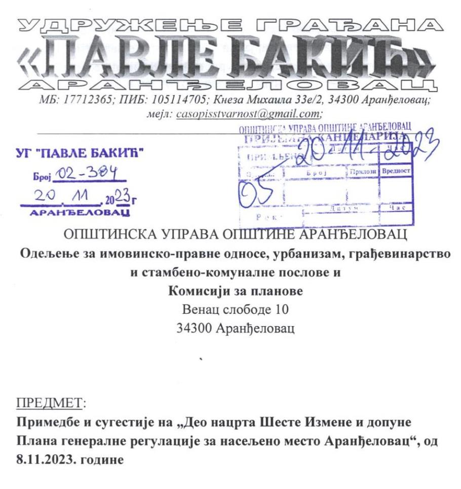 Заглавље дописа аранђеловачког Удружења „Павле Бакић“