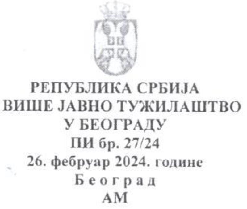 Заглавље дописа Вишег јавног тужилаштва у Београду